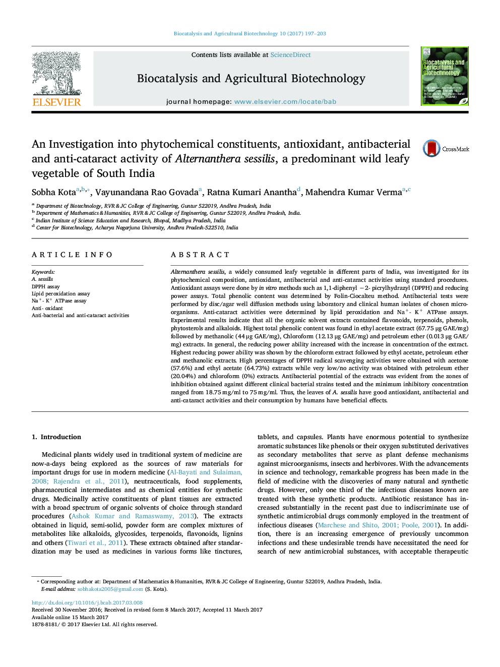 An Investigation into phytochemical constituents, antioxidant, antibacterial and anti-cataract activity of Alternanthera sessilis, a predominant wild leafy vegetable of South India