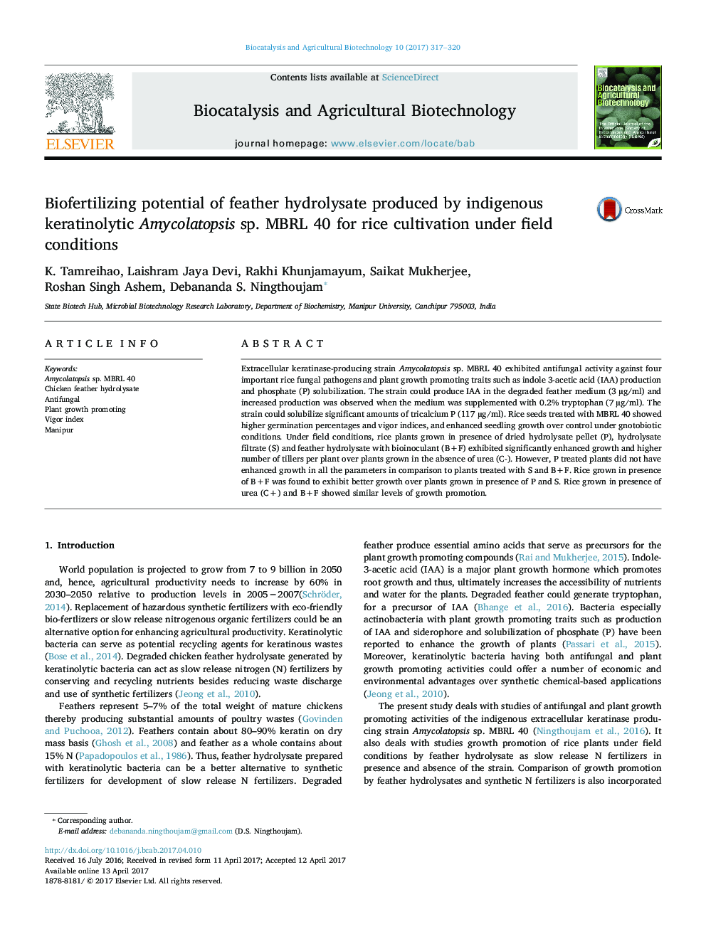 Biofertilizing potential of feather hydrolysate produced by indigenous keratinolytic Amycolatopsis sp. MBRL 40 for rice cultivation under field conditions