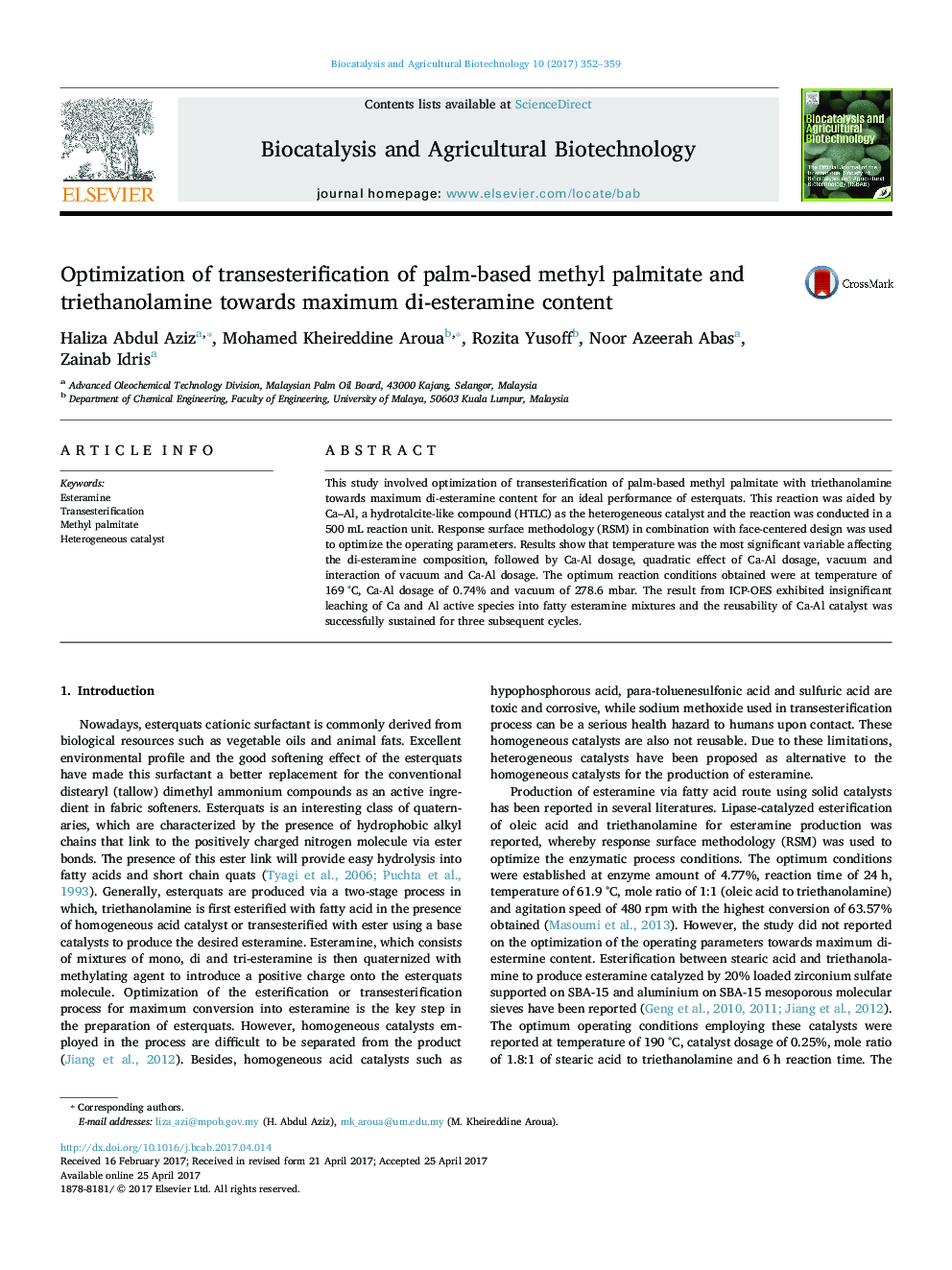 Optimization of transesterification of palm-based methyl palmitate and triethanolamine towards maximum di-esteramine content