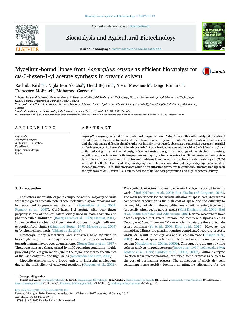 Mycelium-bound lipase from Aspergillus oryzae as efficient biocatalyst for cis-3-hexen-1-yl acetate synthesis in organic solvent