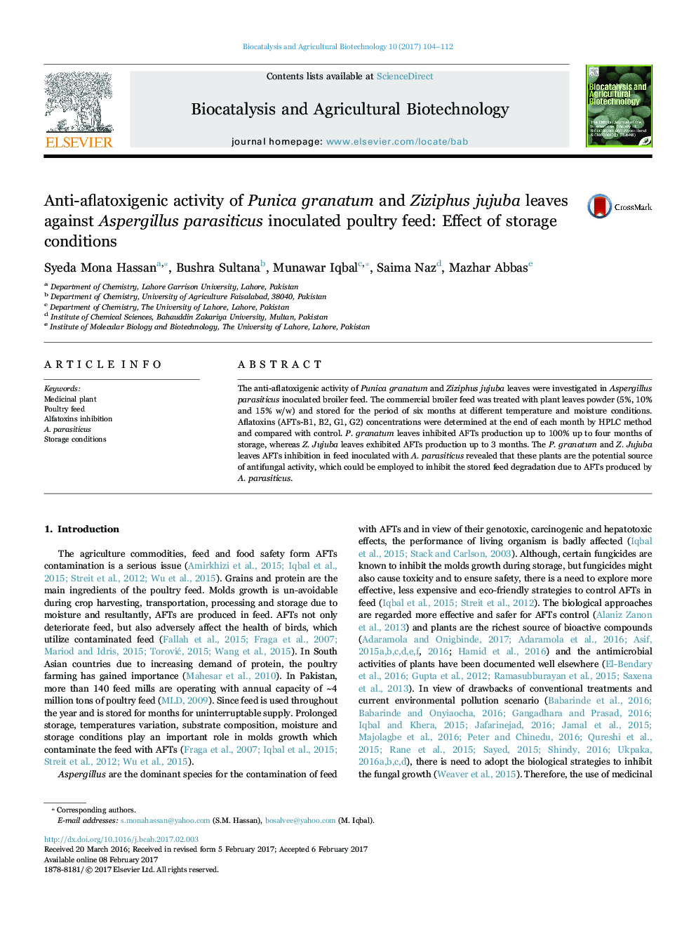 Anti-aflatoxigenic activity of Punica granatum and Ziziphus jujuba leaves against Aspergillus parasiticus inoculated poultry feed: Effect of storage conditions