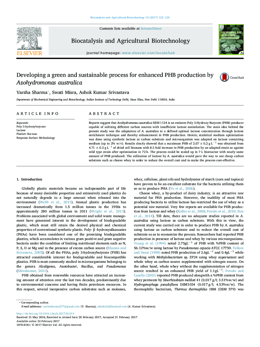 Developing a green and sustainable process for enhanced PHB production by Azohydromonas australica