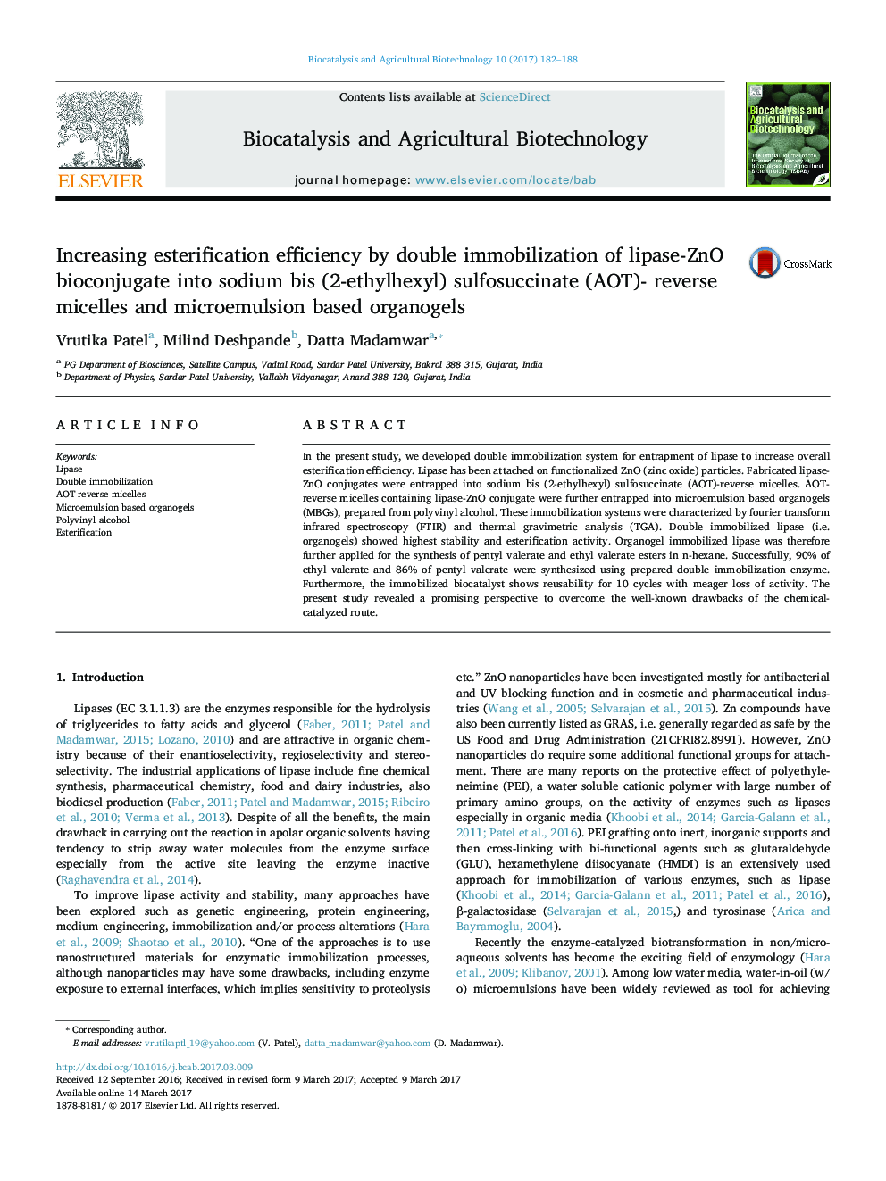 Increasing esterification efficiency by double immobilization of lipase-ZnO bioconjugate into sodium bis (2-ethylhexyl) sulfosuccinate (AOT)- reverse micelles and microemulsion based organogels