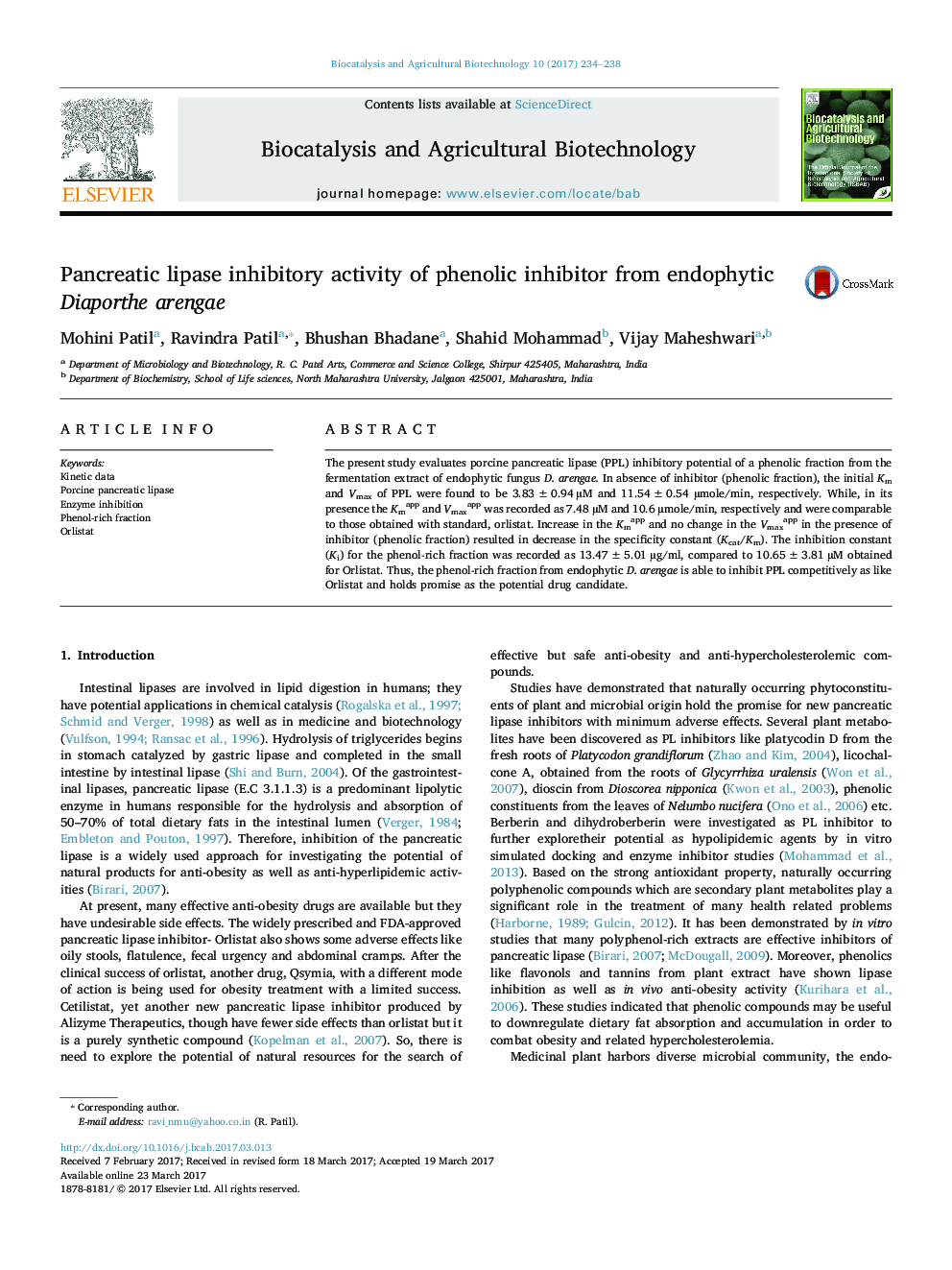 Pancreatic lipase inhibitory activity of phenolic inhibitor from endophytic Diaporthe arengae