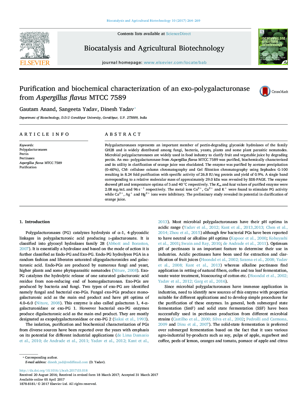 Purification and biochemical characterization of an exo-polygalacturonase from Aspergillus flavus MTCC 7589