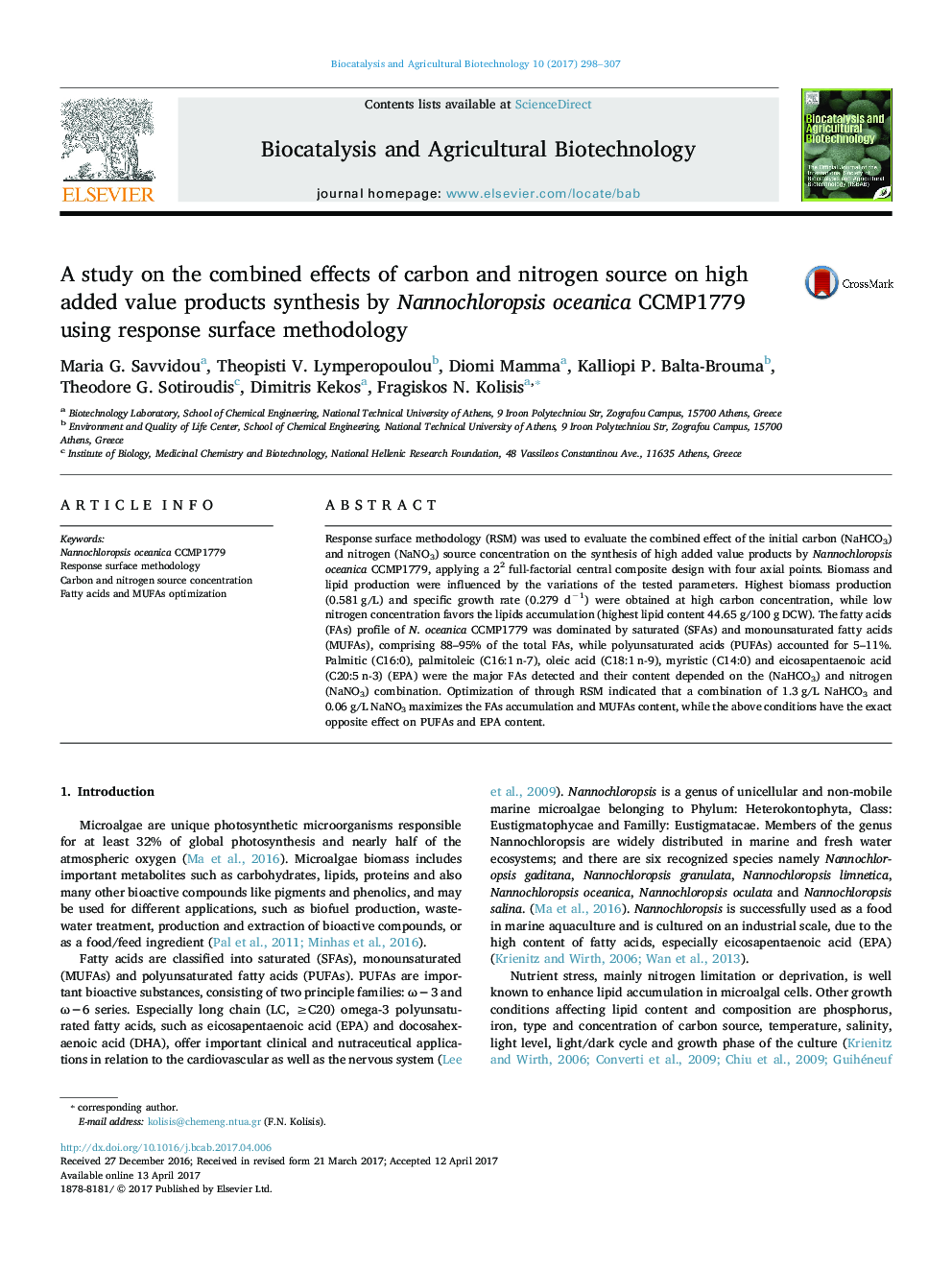 A study on the combined effects of carbon and nitrogen source on high added value products synthesis by Nannochloropsis oceanica CCMP1779 using response surface methodology