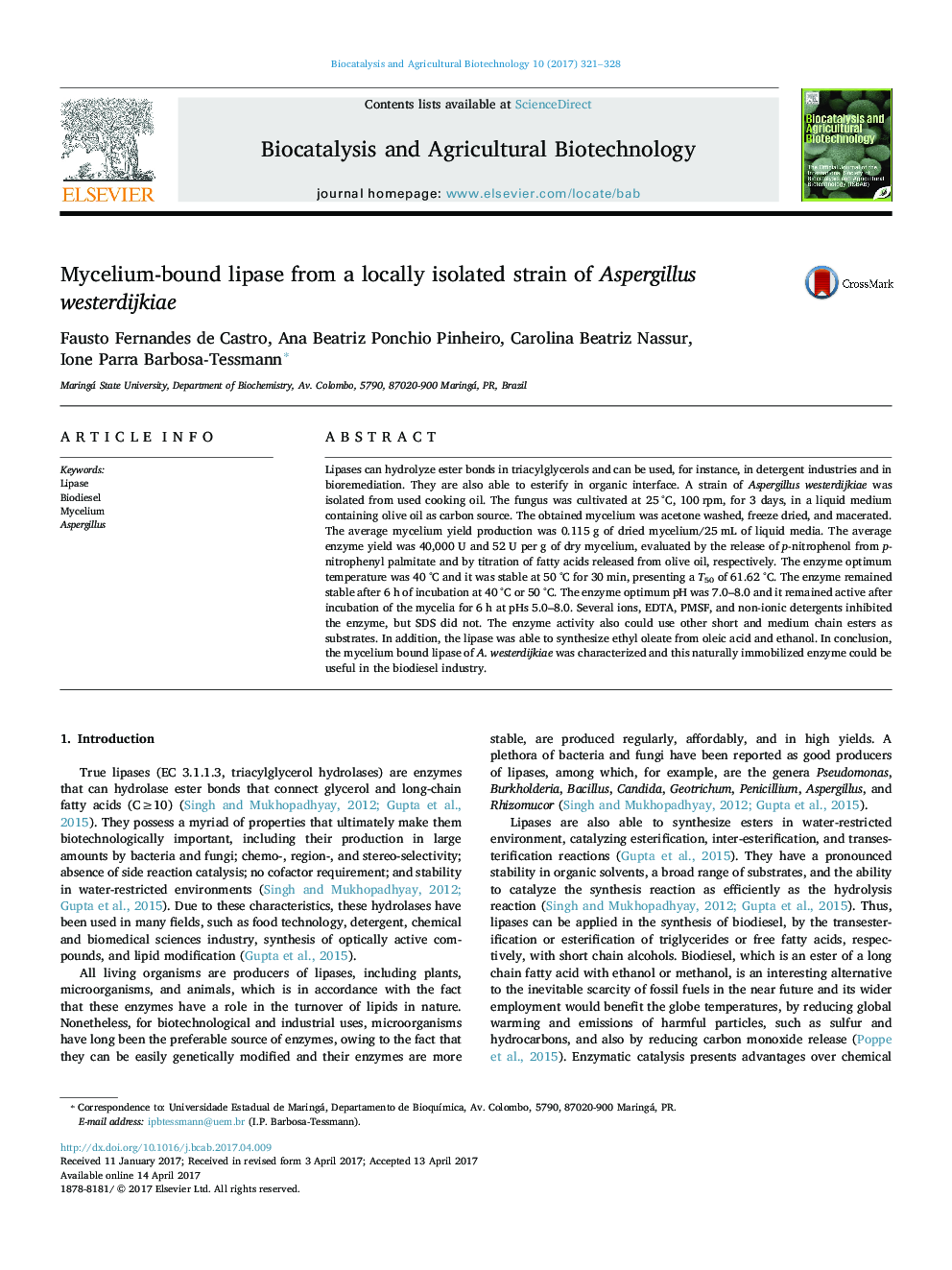 Mycelium-bound lipase from a locally isolated strain of Aspergillus westerdijkiae