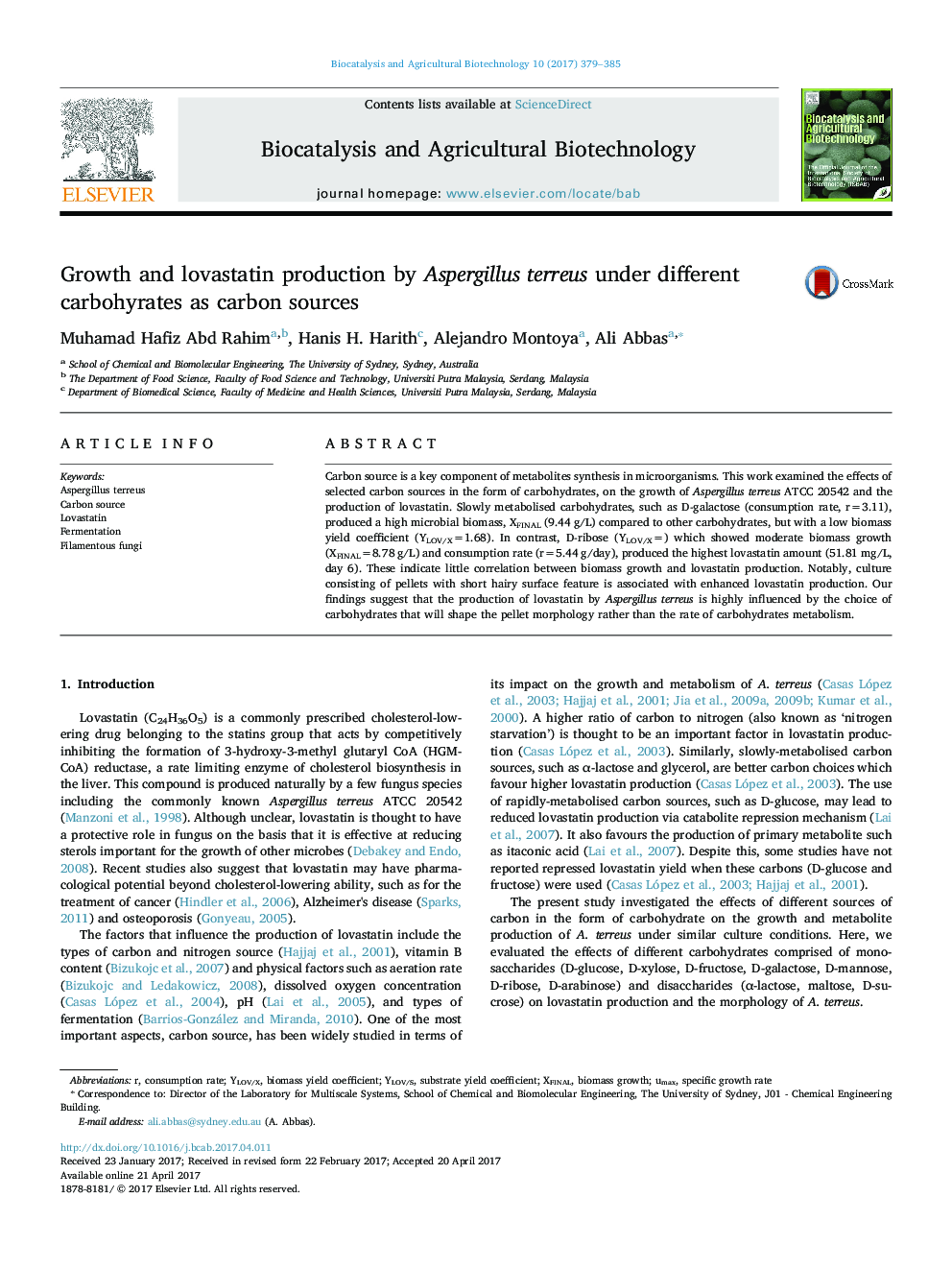 Growth and lovastatin production by Aspergillus terreus under different carbohyrates as carbon sources