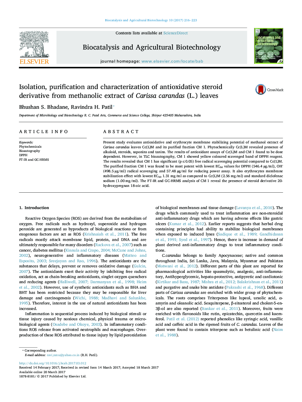 Isolation, purification and characterization of antioxidative steroid derivative from methanolic extract of Carissa carandas (L.) leaves