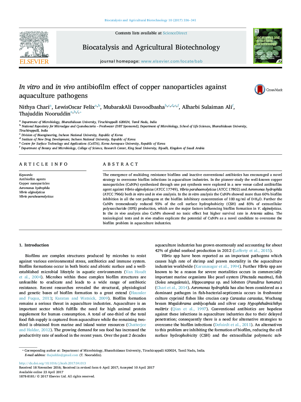 In vitro and in vivo antibiofilm effect of copper nanoparticles against aquaculture pathogens
