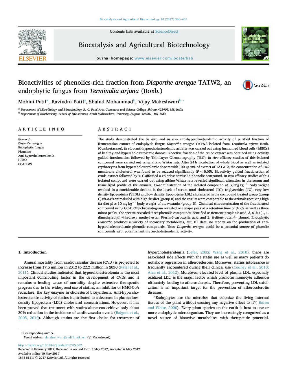 Bioactivities of phenolics-rich fraction from Diaporthe arengae TATW2, an endophytic fungus from Terminalia arjuna (Roxb.)