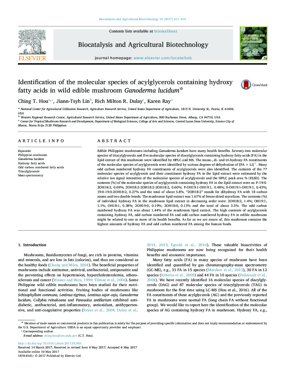 Identification of the molecular species of acylglycerols containing hydroxy fatty acids in wild edible mushroom Ganoderma lucidum