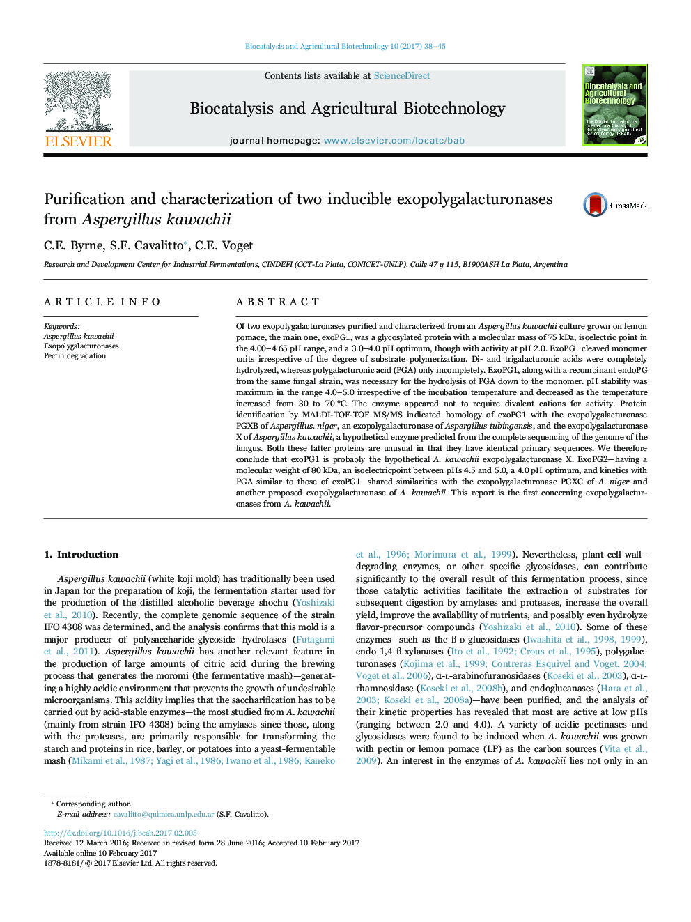 Purification and characterization of two inducible exopolygalacturonases from Aspergillus kawachii