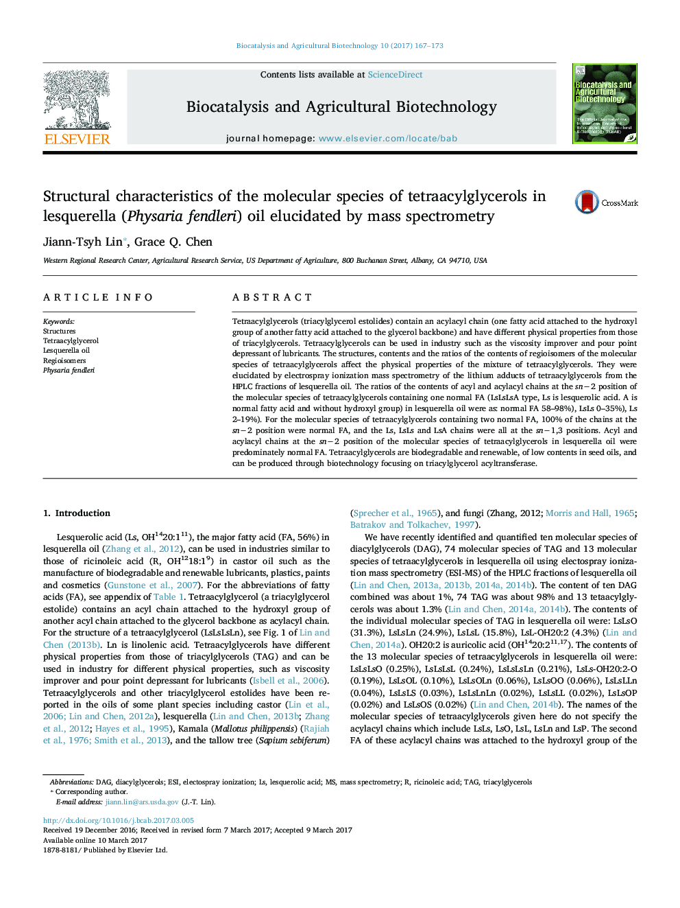 Structural characteristics of the molecular species of tetraacylglycerols in lesquerella (Physaria fendleri) oil elucidated by mass spectrometry