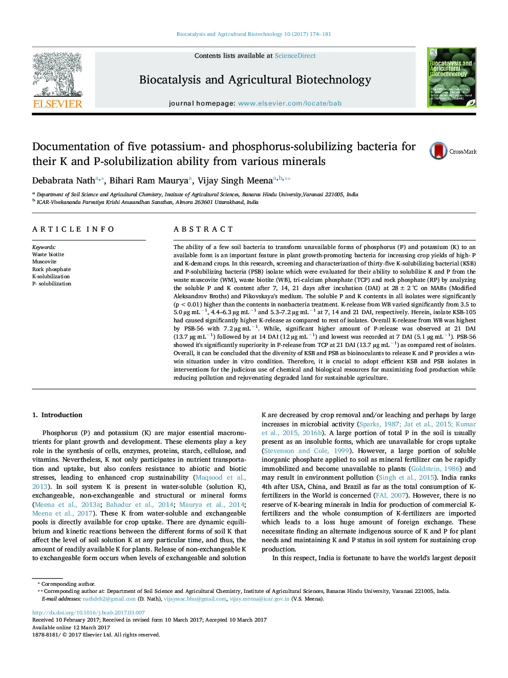 Documentation of five potassium- and phosphorus-solubilizing bacteria for their K and P-solubilization ability from various minerals