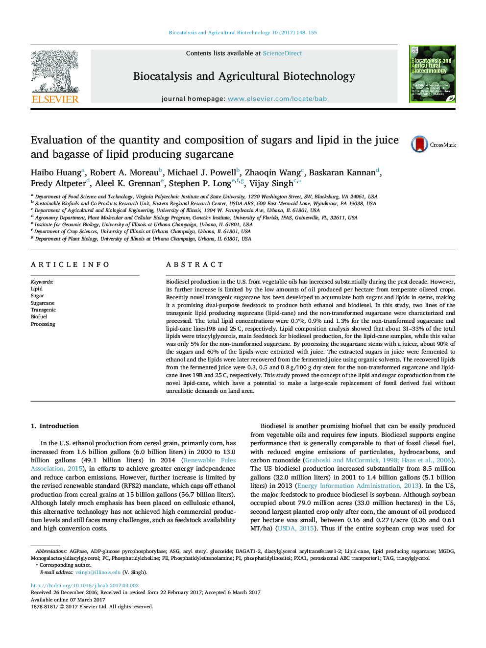 Evaluation of the quantity and composition of sugars and lipid in the juice and bagasse of lipid producing sugarcane