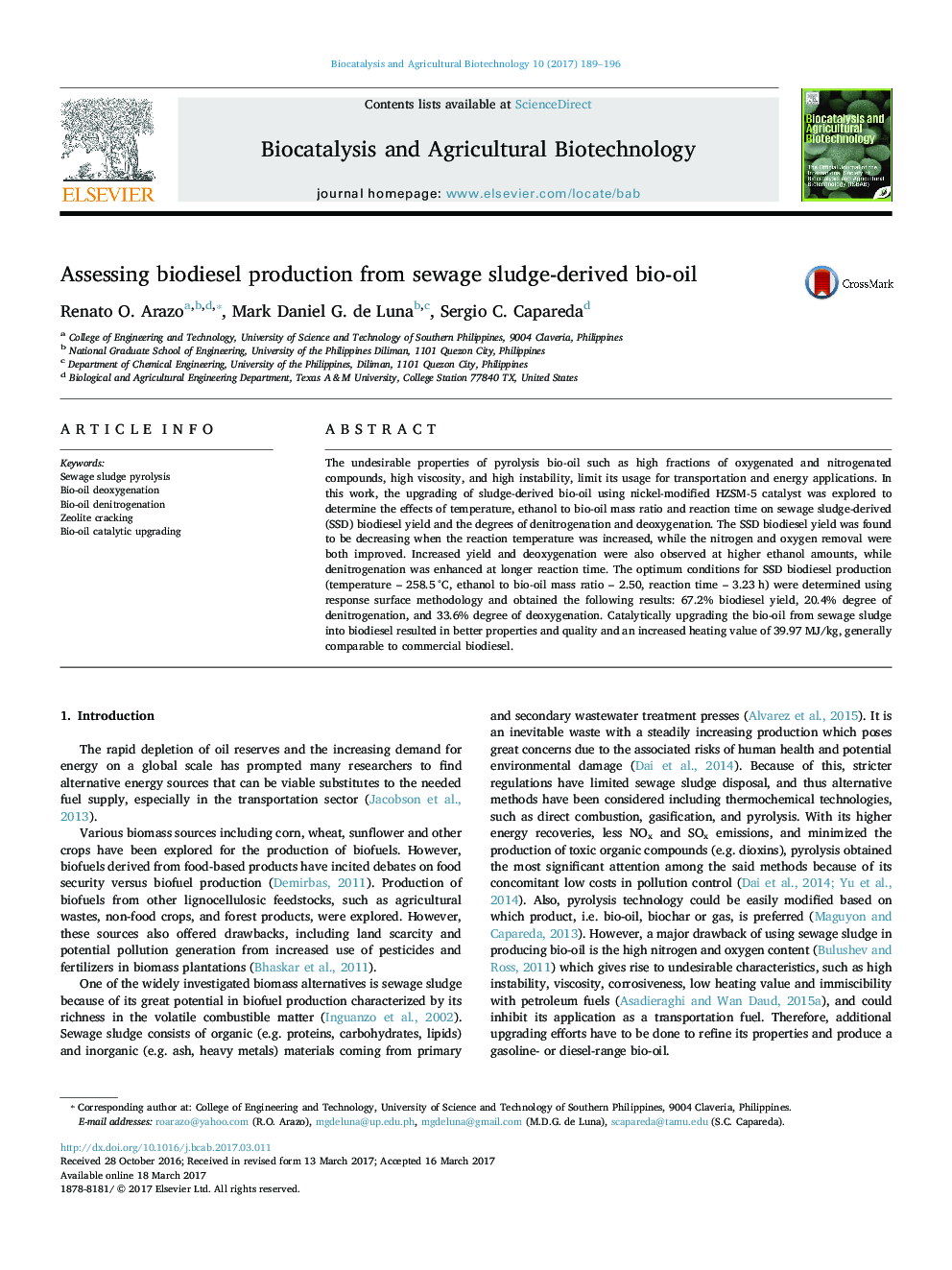 Assessing biodiesel production from sewage sludge-derived bio-oil