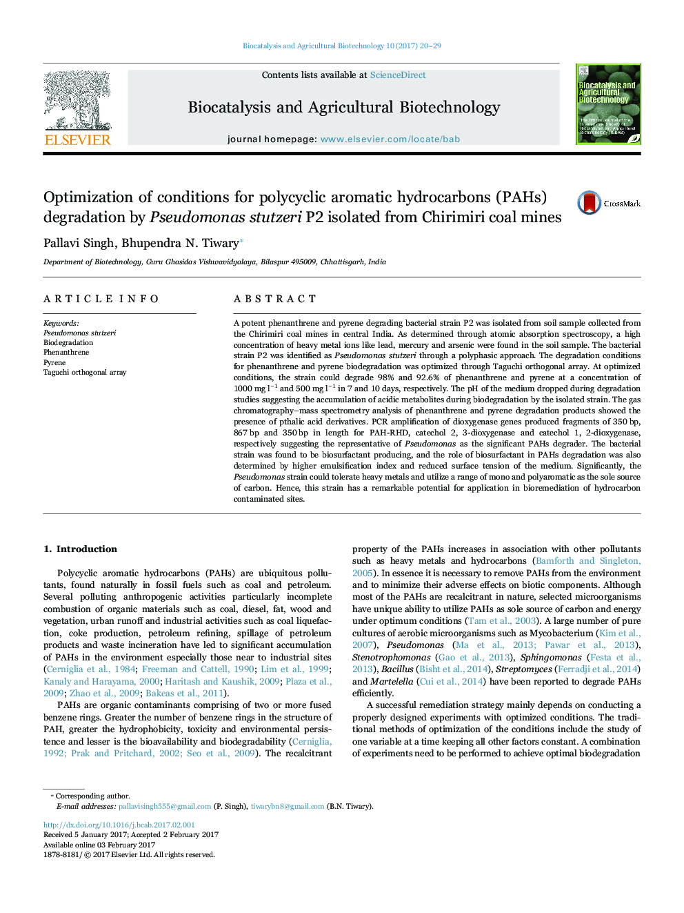 Optimization of conditions for polycyclic aromatic hydrocarbons (PAHs) degradation by Pseudomonas stutzeri P2 isolated from Chirimiri coal mines