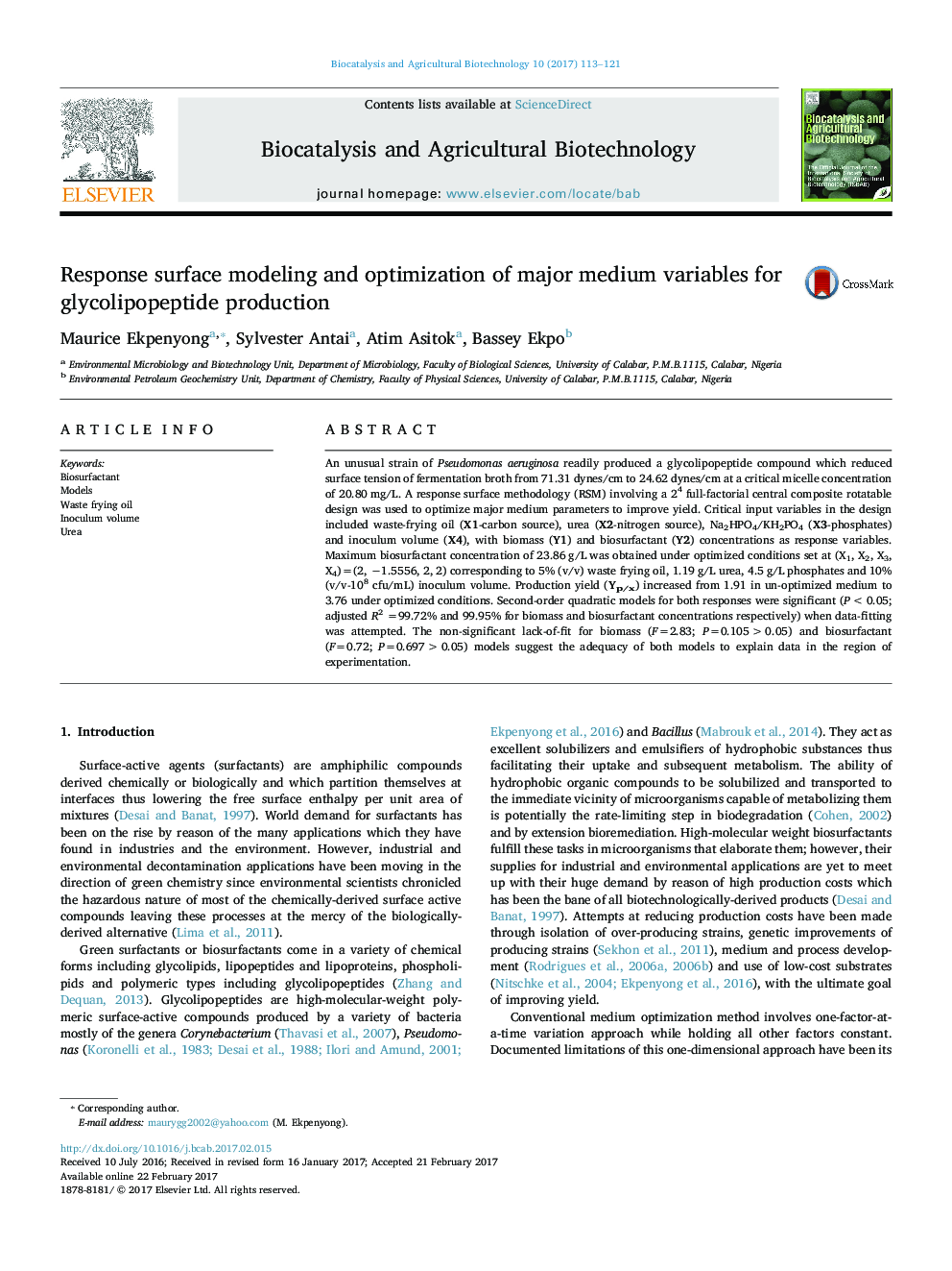 مدل سازی واکنش سطحی و بهینه سازی متغیرهای اصلی برای تولید گلیکوالیپوپتید 