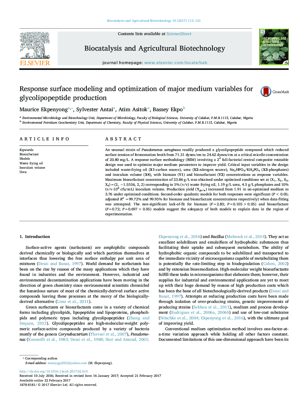 Response surface modeling and optimization of major medium variables for glycolipopeptide production