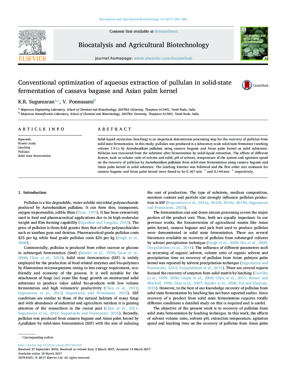 Conventional optimization of aqueous extraction of pullulan in solid-state fermentation of cassava bagasse and Asian palm kernel