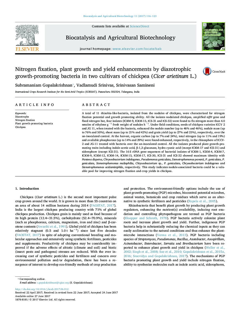 Nitrogen fixation, plant growth and yield enhancements by diazotrophic growth-promoting bacteria in two cultivars of chickpea (Cicer arietinum L.)