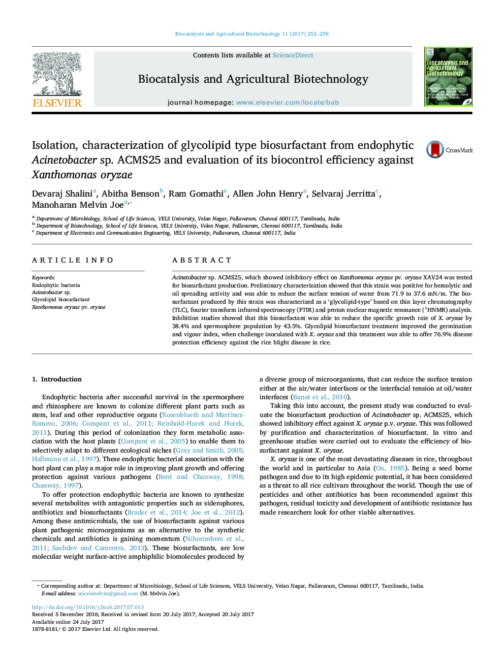 Isolation, characterization of glycolipid type biosurfactant from endophytic Acinetobacter sp. ACMS25 and evaluation of its biocontrol efficiency against Xanthomonas oryzae