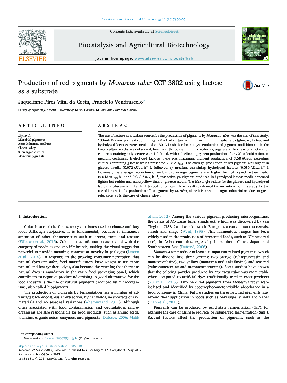 Production of red pigments by Monascus ruber CCT 3802 using lactose as a substrate