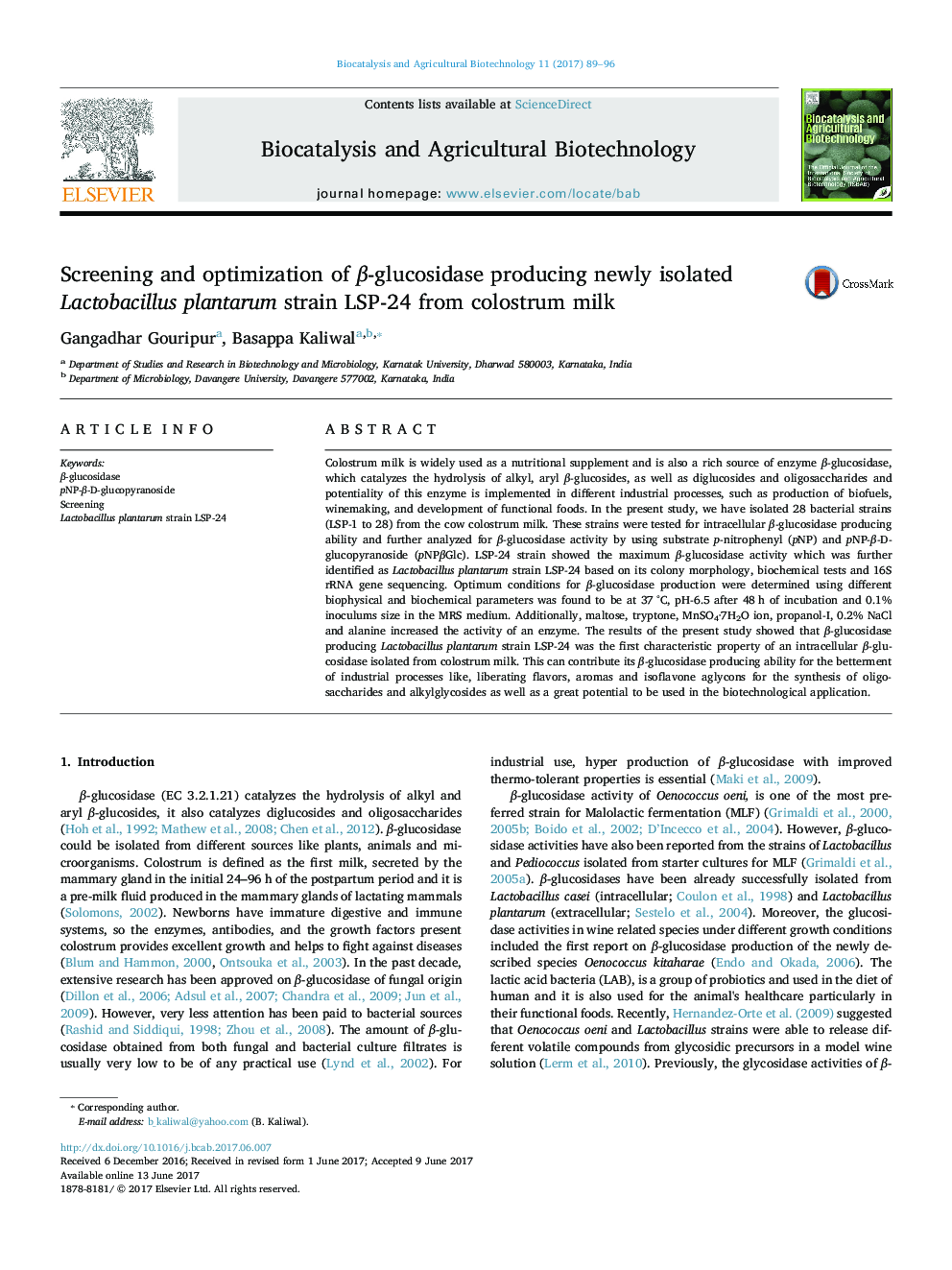 Screening and optimization of Î²-glucosidase producing newly isolated Lactobacillus plantarum strain LSP-24 from colostrum milk