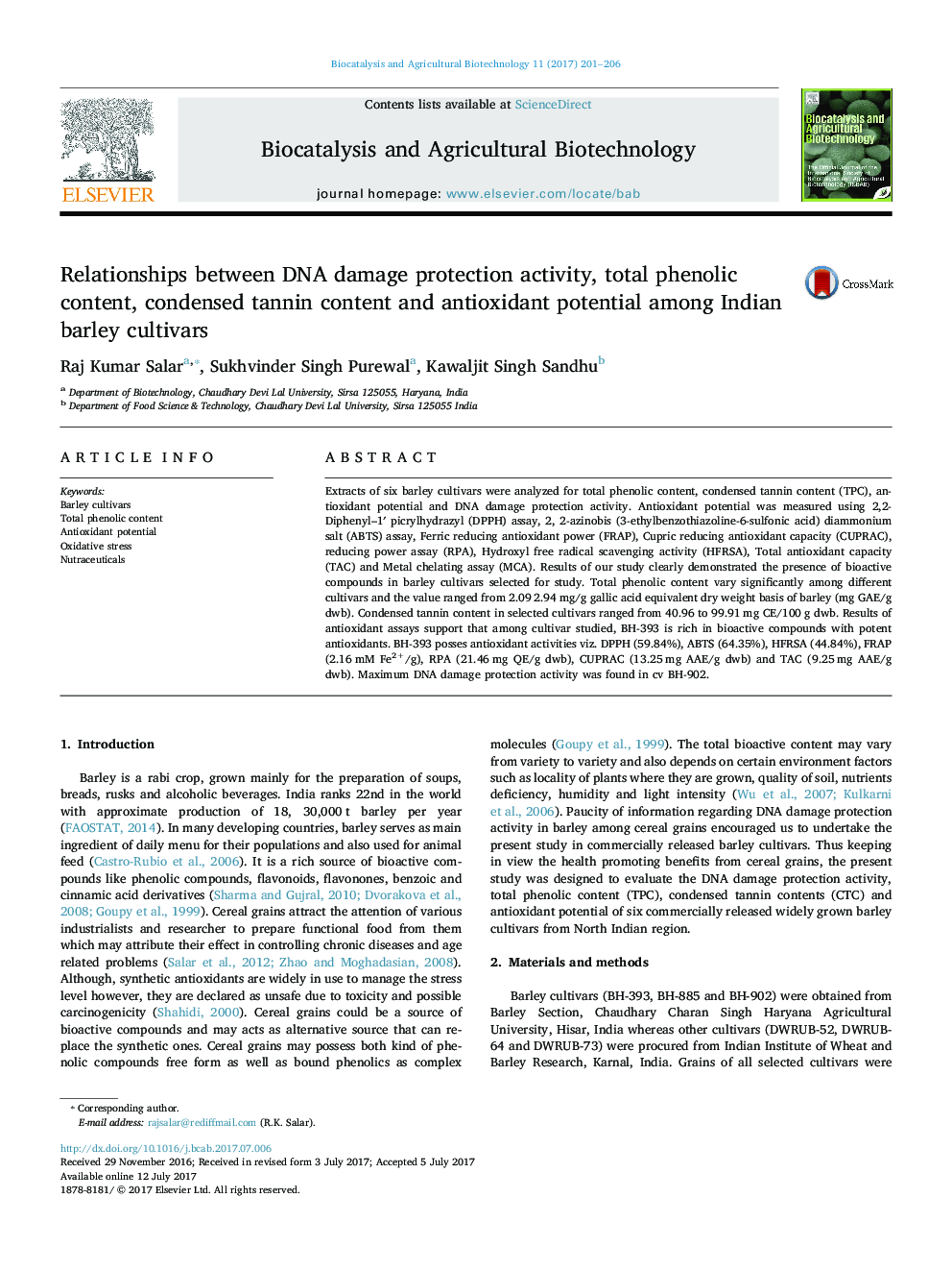 Relationships between DNA damage protection activity, total phenolic content, condensed tannin content and antioxidant potential among Indian barley cultivars