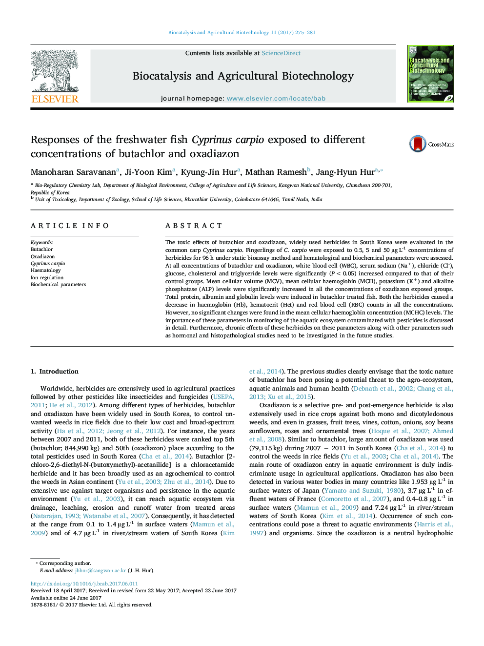 Responses of the freshwater fish Cyprinus carpio exposed to different concentrations of butachlor and oxadiazon