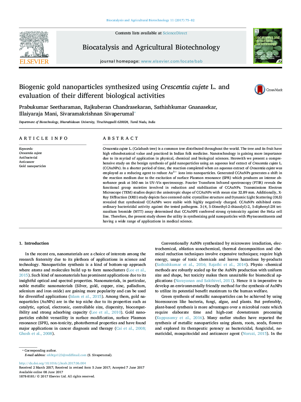 Biogenic gold nanoparticles synthesized using Crescentia cujete L. and evaluation of their different biological activities