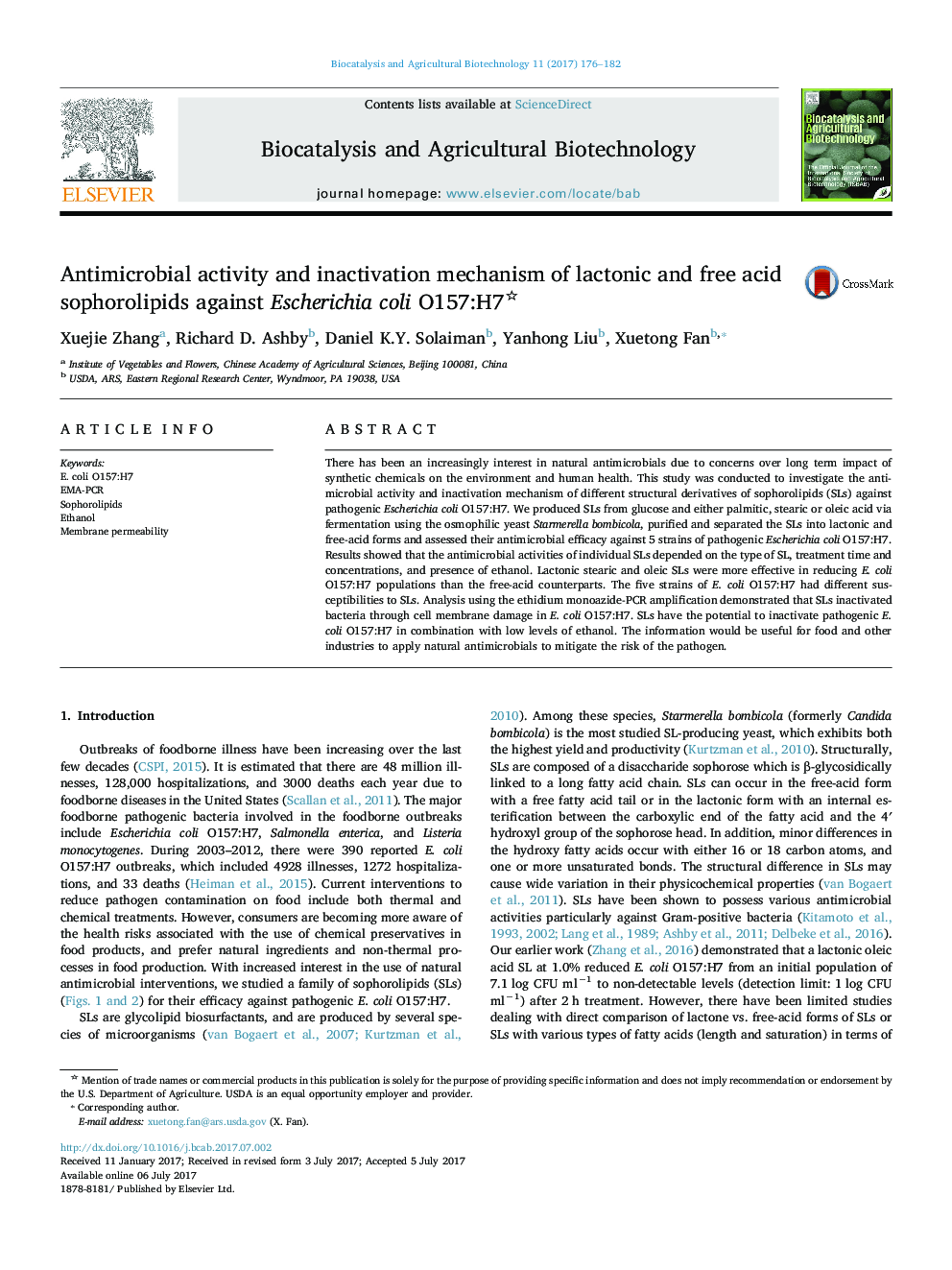 Antimicrobial activity and inactivation mechanism of lactonic and free acid sophorolipids against Escherichia coli O157:H7