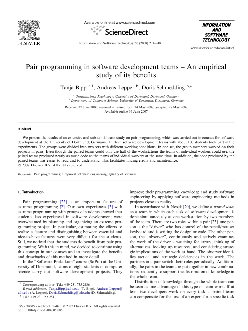 Pair programming in software development teams – An empirical study of its benefits