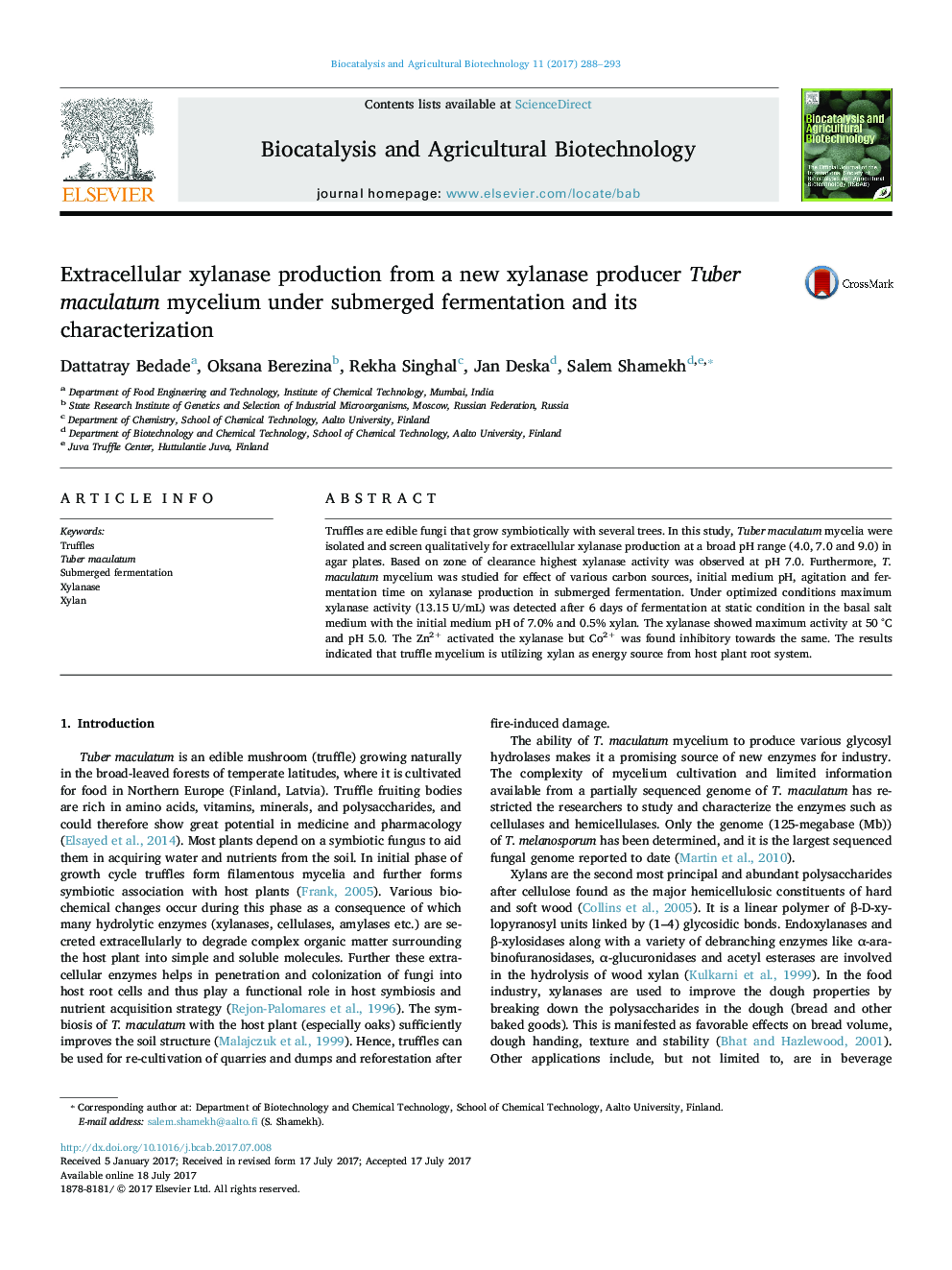 Extracellular xylanase production from a new xylanase producer Tuber maculatum mycelium under submerged fermentation and its characterization