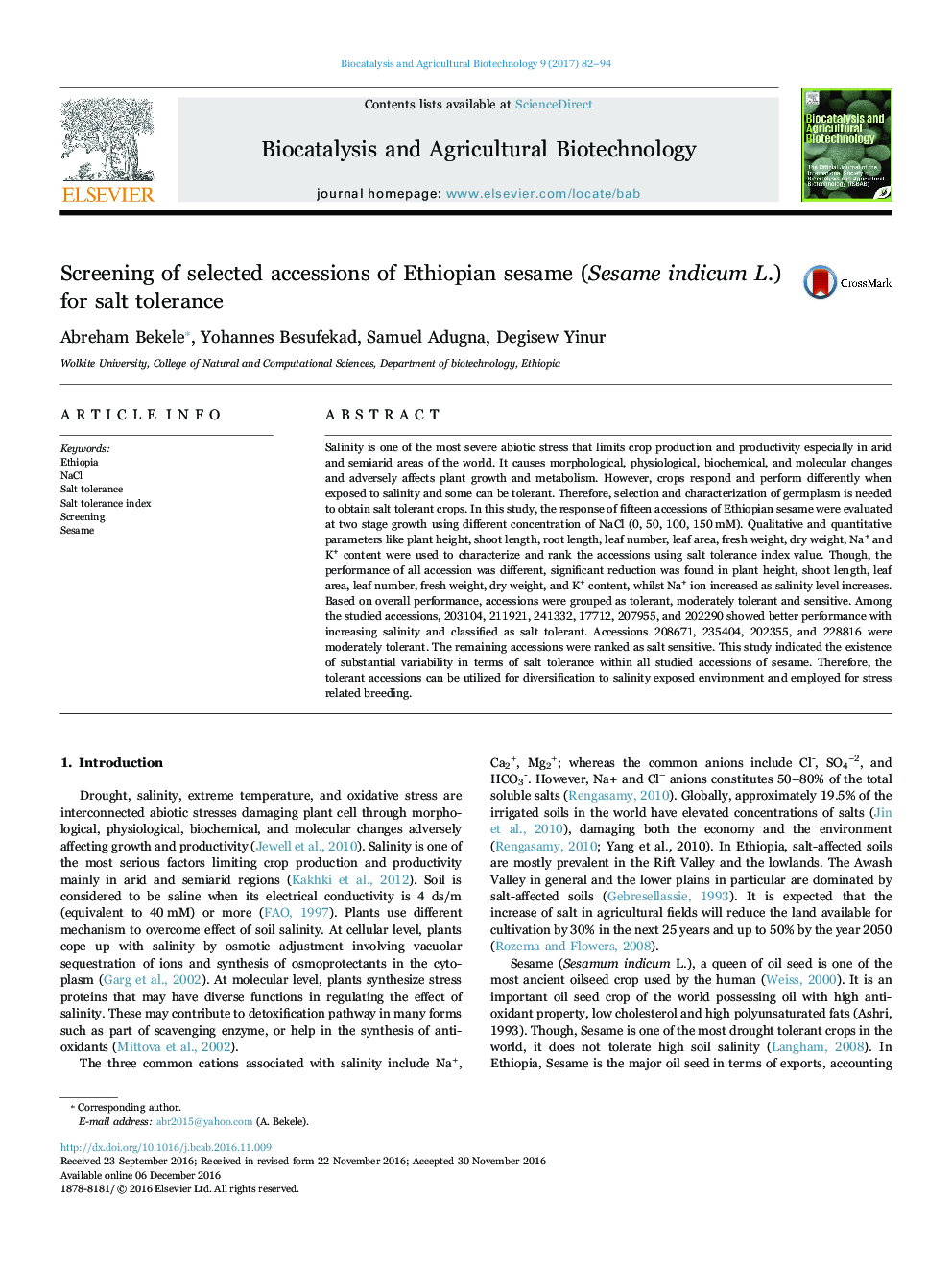 Screening of selected accessions of Ethiopian sesame (Sesame indicum L.) for salt tolerance