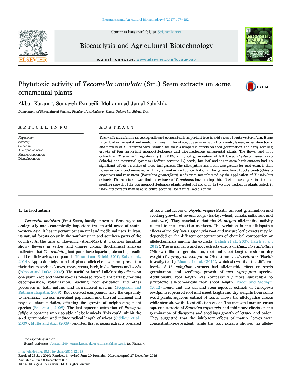 Phytotoxic activity of Tecomella undulata (Sm.) Seem extracts on some ornamental plants