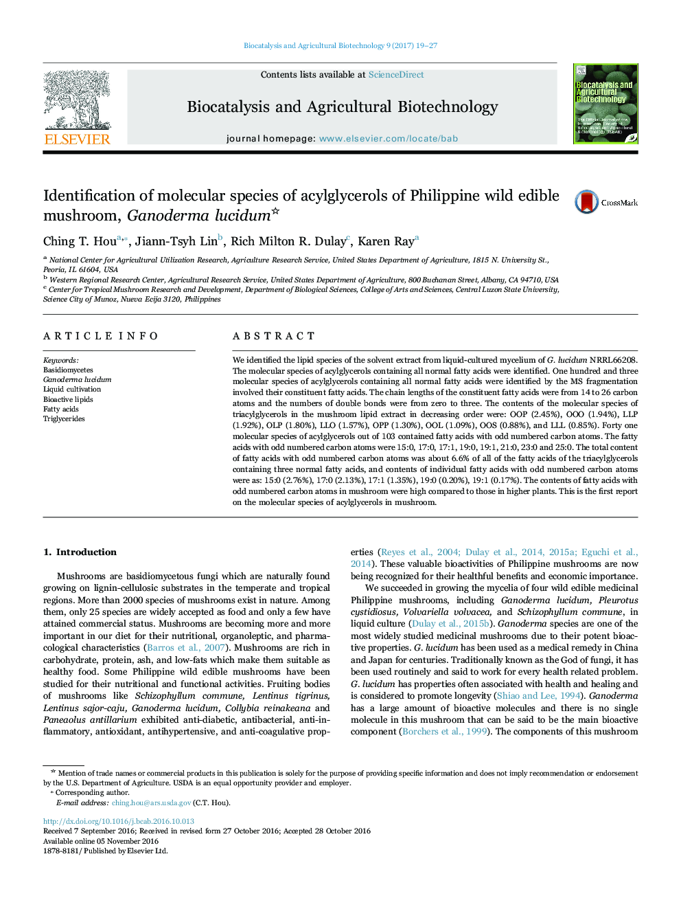 Identification of molecular species of acylglycerols of Philippine wild edible mushroom, Ganoderma lucidum