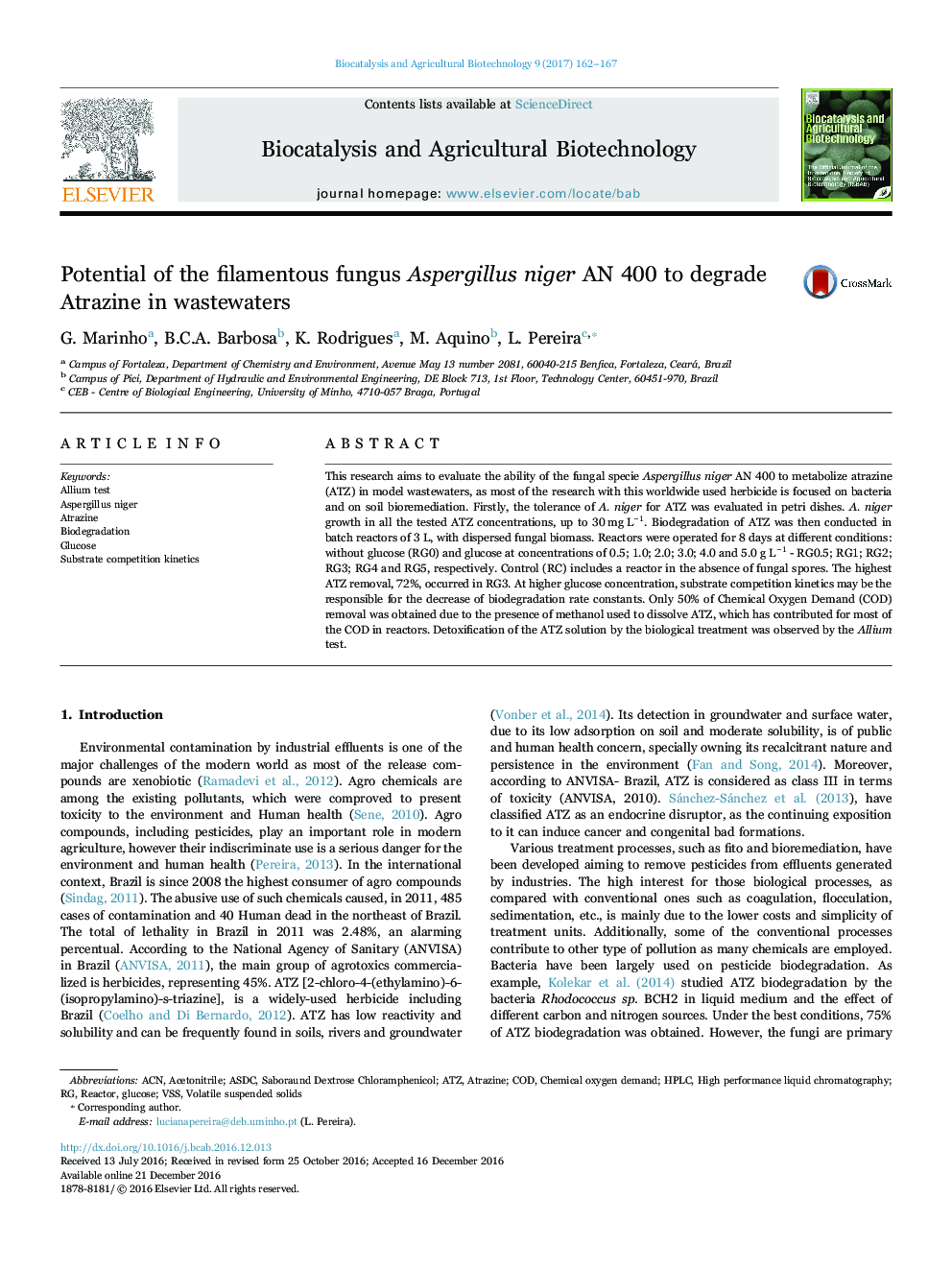 Potential of the filamentous fungus Aspergillus niger AN 400 to degrade Atrazine in wastewaters