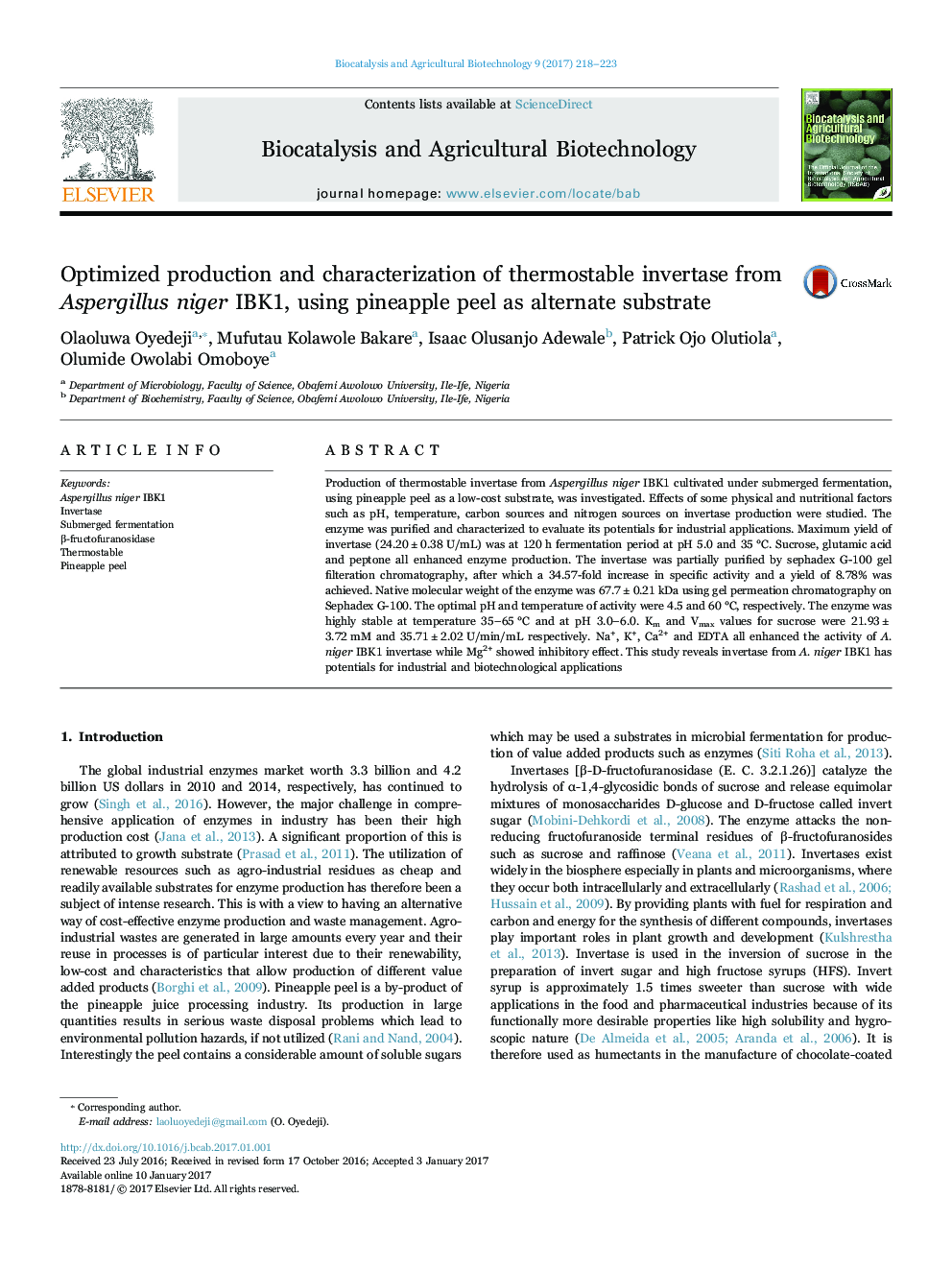 Optimized production and characterization of thermostable invertase from Aspergillus niger IBK1, using pineapple peel as alternate substrate