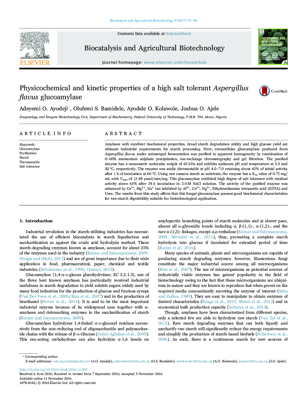 Physicochemical and kinetic properties of a high salt tolerant Aspergillus flavus glucoamylase