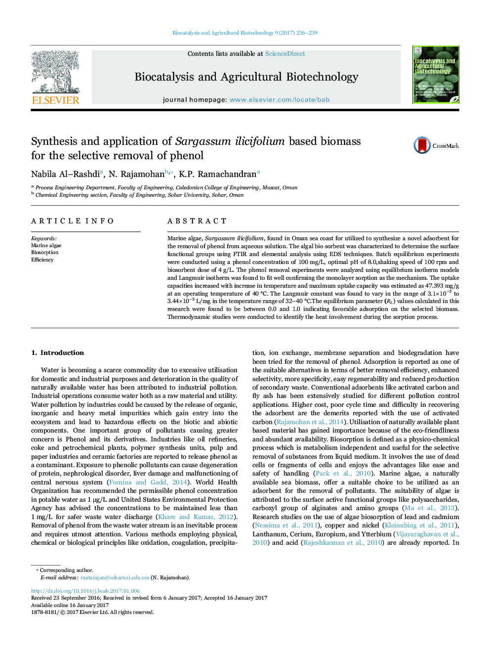 Synthesis and application of Sargassum ilicifolium based biomass for the selective removal of phenol