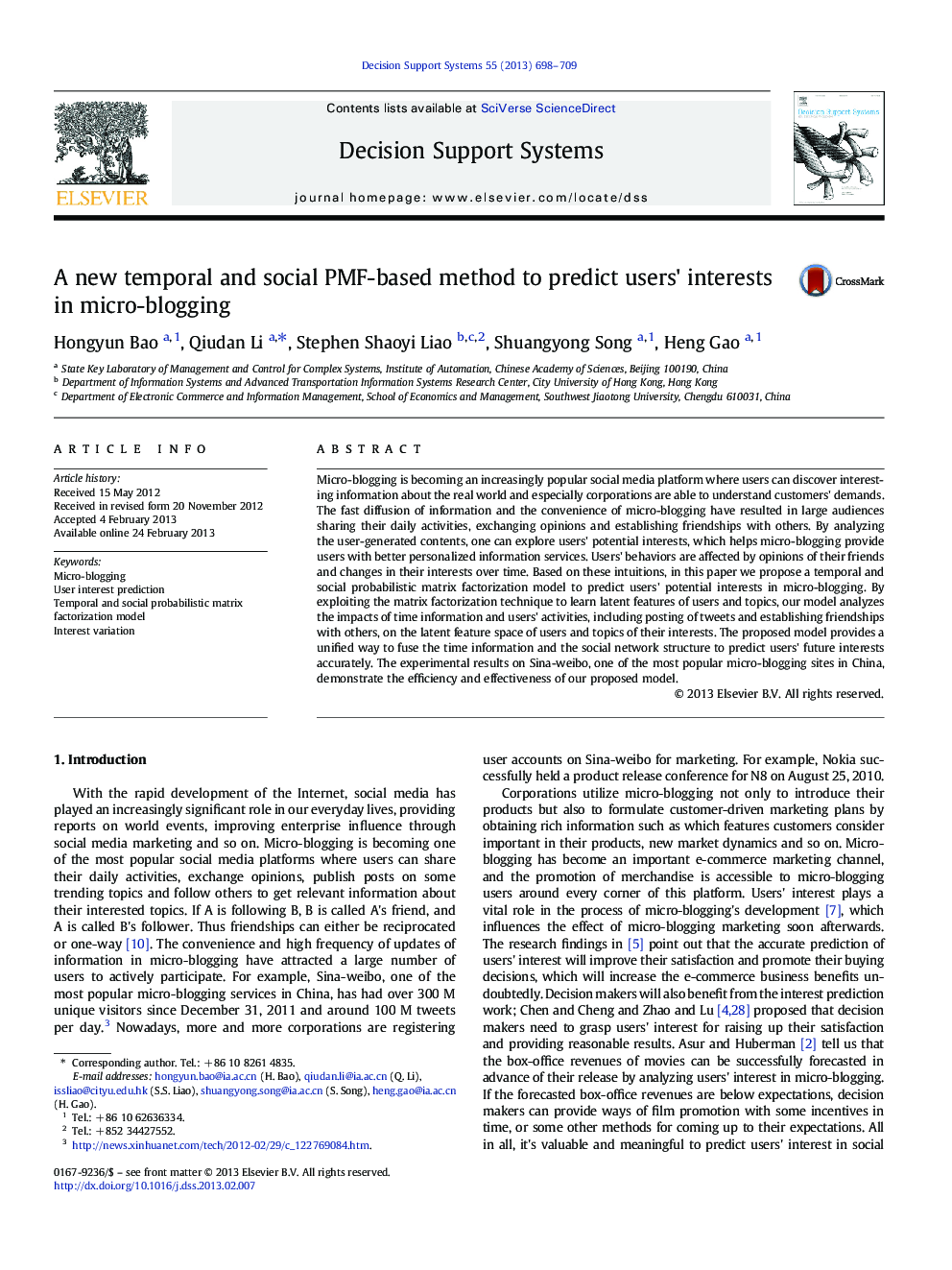 A new temporal and social PMF-based method to predict users' interests in micro-blogging