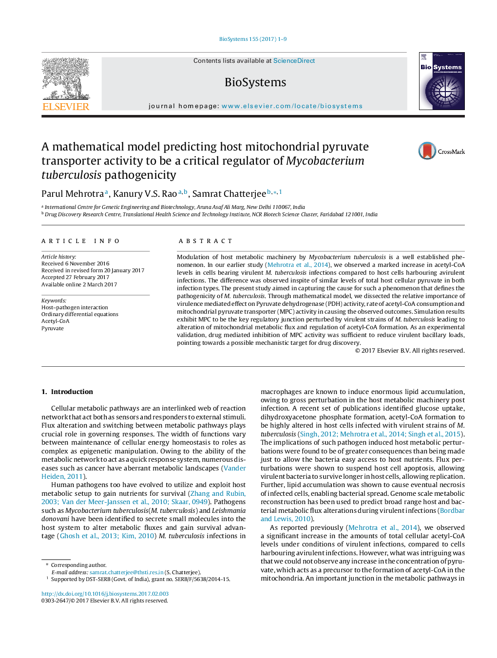 A mathematical model predicting host mitochondrial pyruvate transporter activity to be a critical regulator of Mycobacterium tuberculosis pathogenicity