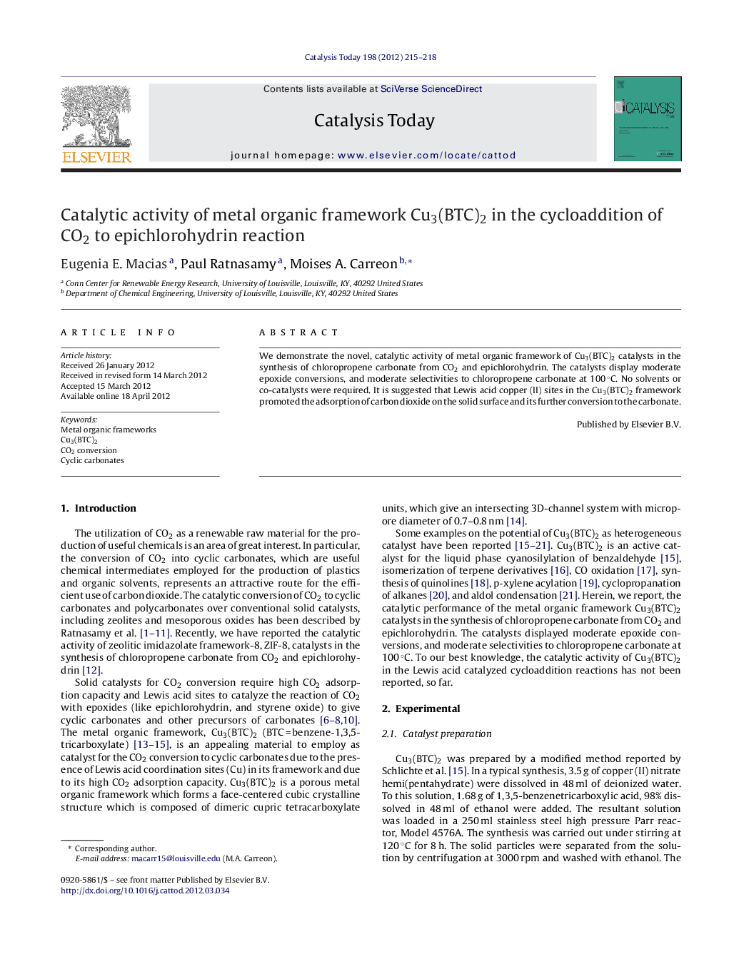 Catalytic activity of metal organic framework Cu3(BTC)2 in the cycloaddition of CO2 to epichlorohydrin reaction