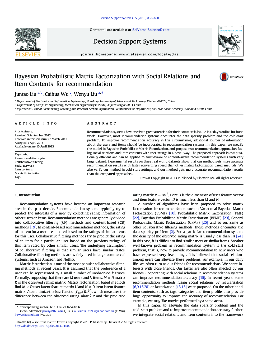 عکس صفحه اول مقاله: Bayesian Probabilistic Matrix Factorization with Social Relations and Item Contents for recommendation Bayesian Probabilistic Matrix Factorization with Social Relations and Item Contents for recommendation