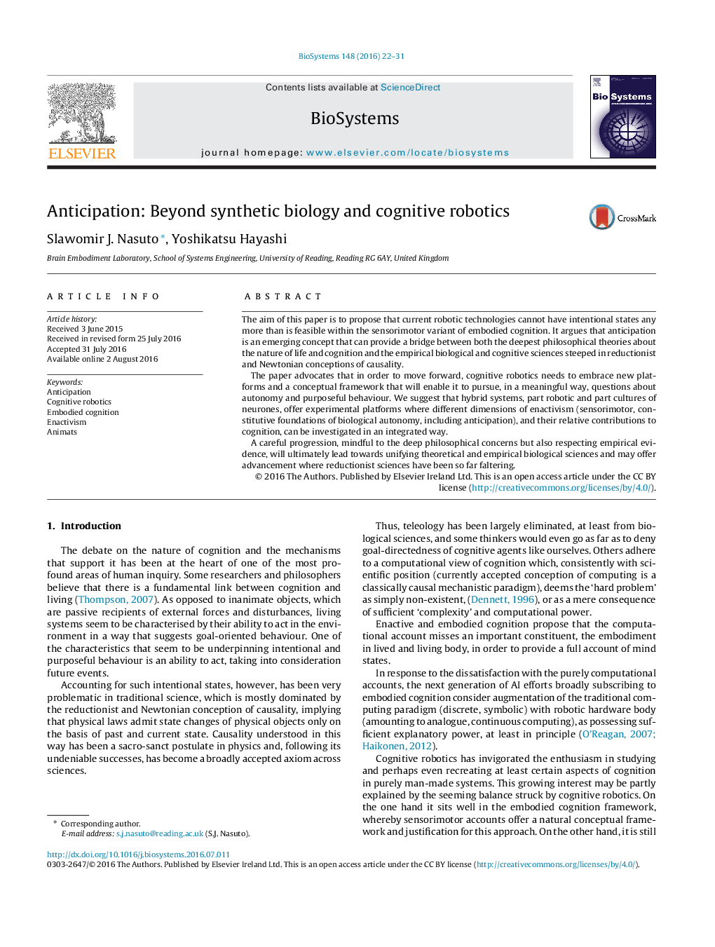 Anticipation: Beyond synthetic biology and cognitive robotics