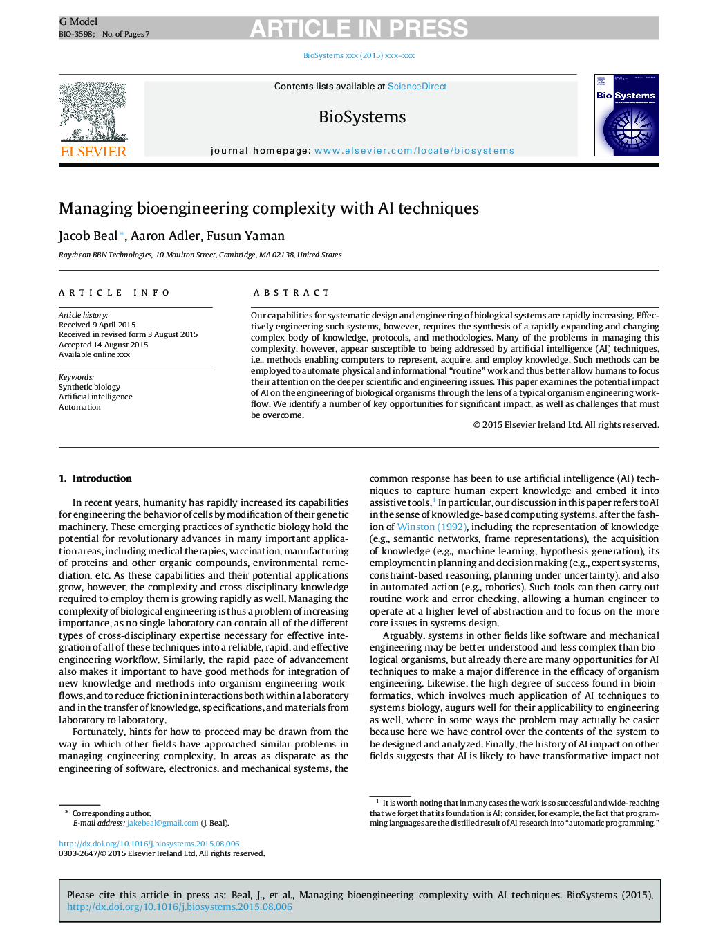 Managing bioengineering complexity with AI techniques