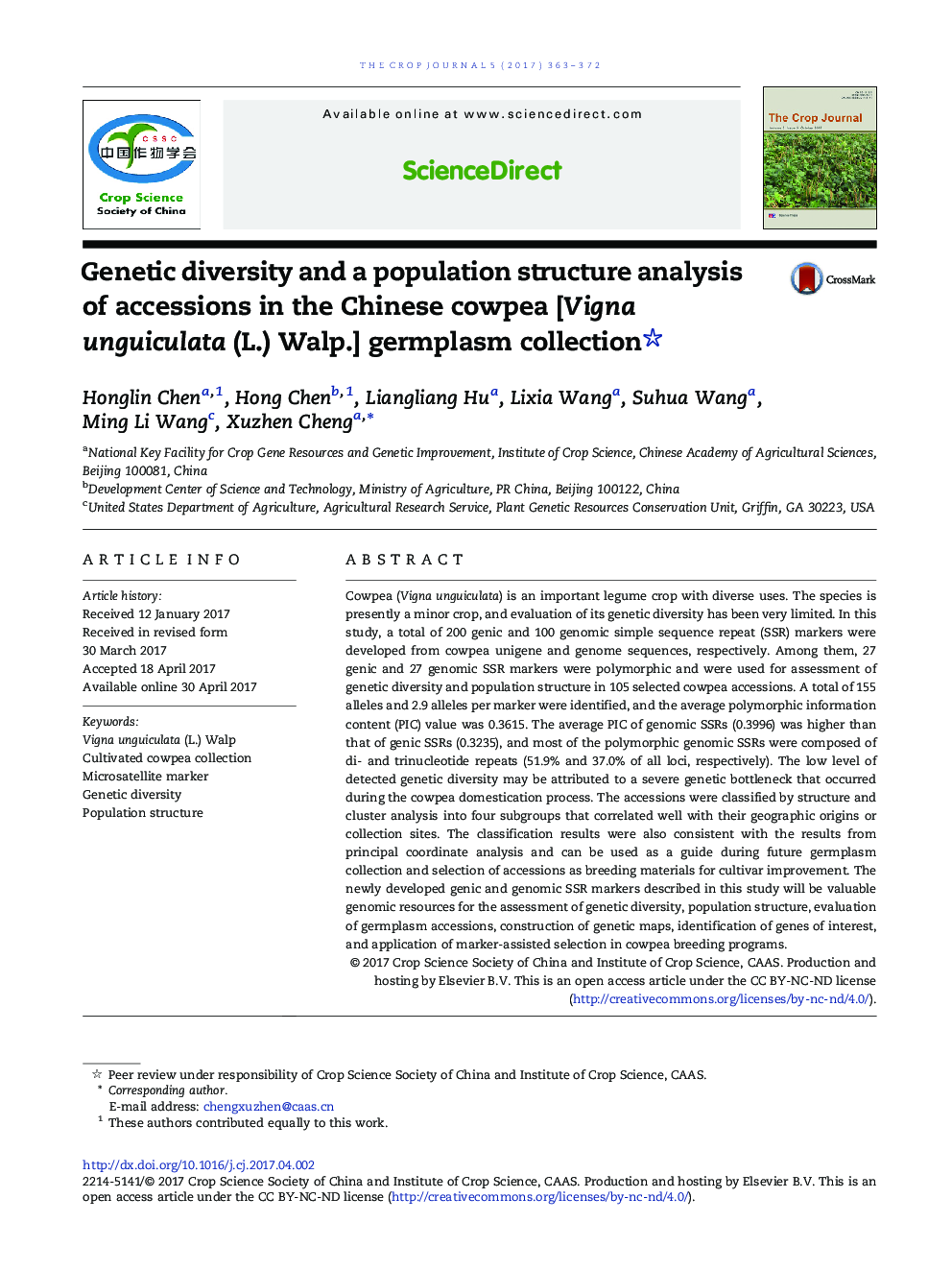 Genetic diversity and a population structure analysis of accessions in the Chinese cowpea [Vigna unguiculata (L.) Walp.] germplasm collection