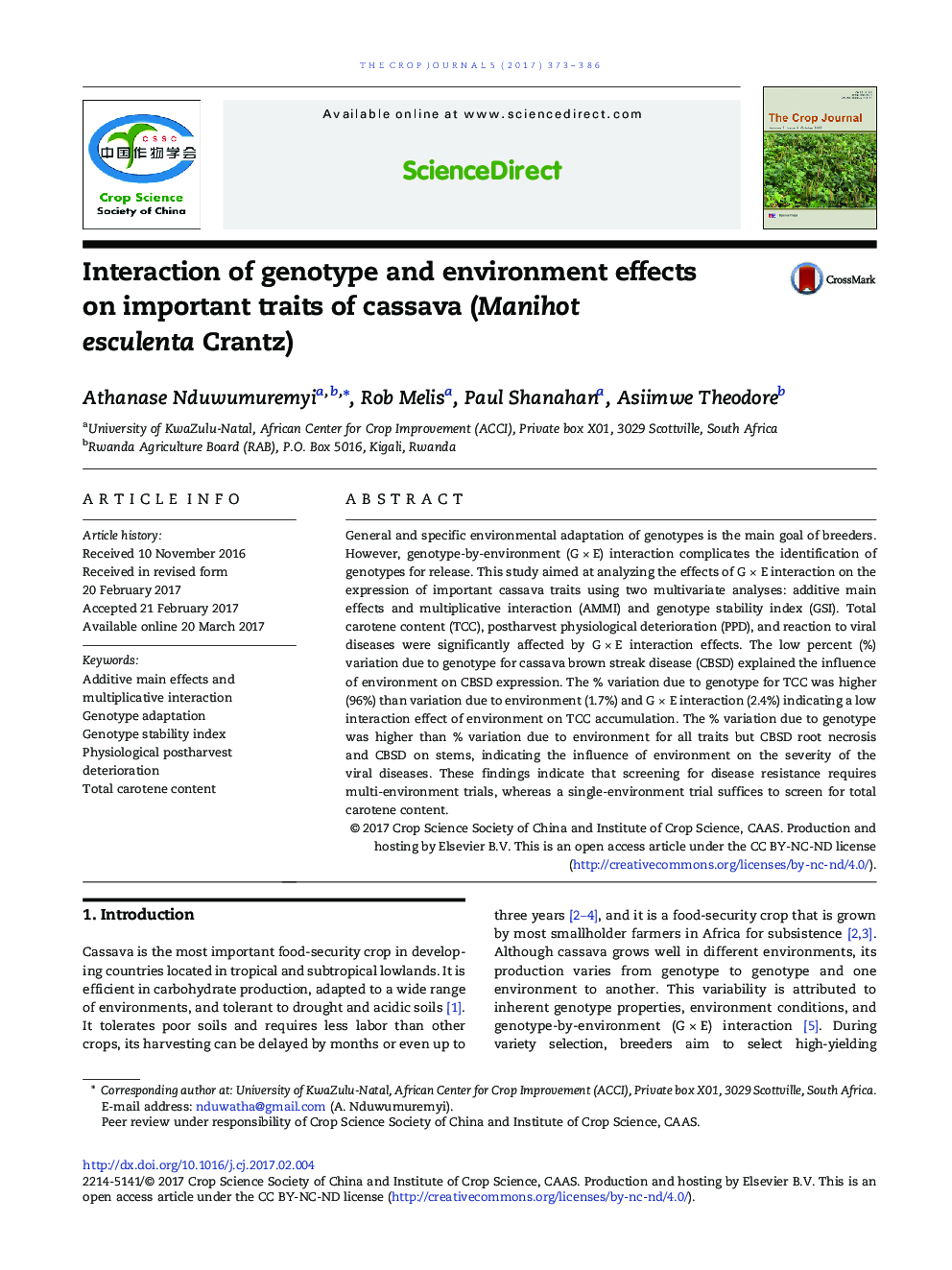 Interaction of genotype and environment effects on important traits of cassava (Manihot esculenta Crantz)